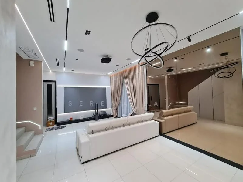 Living features: white leather sofa, 2-seater sofa, large area rug, wall-mounted TV, mirrored wall, recessed LED downlights, chandelier with circular design, floor-to-ceiling windows with sheer curtains, light-colored walls, white tiled flooring, decorative wall with letters, built-in speakers, ceiling-mounted air conditioning unit; style: modern.