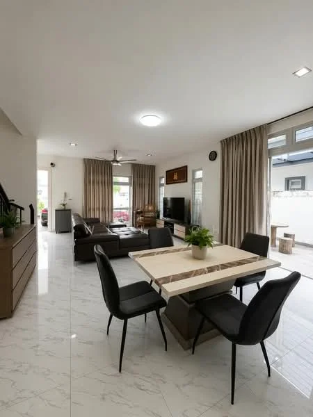 Living features: 3-seater leather sofa in dark brown, 2-seater leather sofa in dark brown, marble tile flooring, recessed downlights, 5-blade ceiling fan with light, wall-mounted TV, TV console, decorative wall clock, large windows with sheer curtains, area rug with geometric pattern, potted plants, dining table with marble top, 4 upholstered dining chairs in black; style: modern; view: garden.