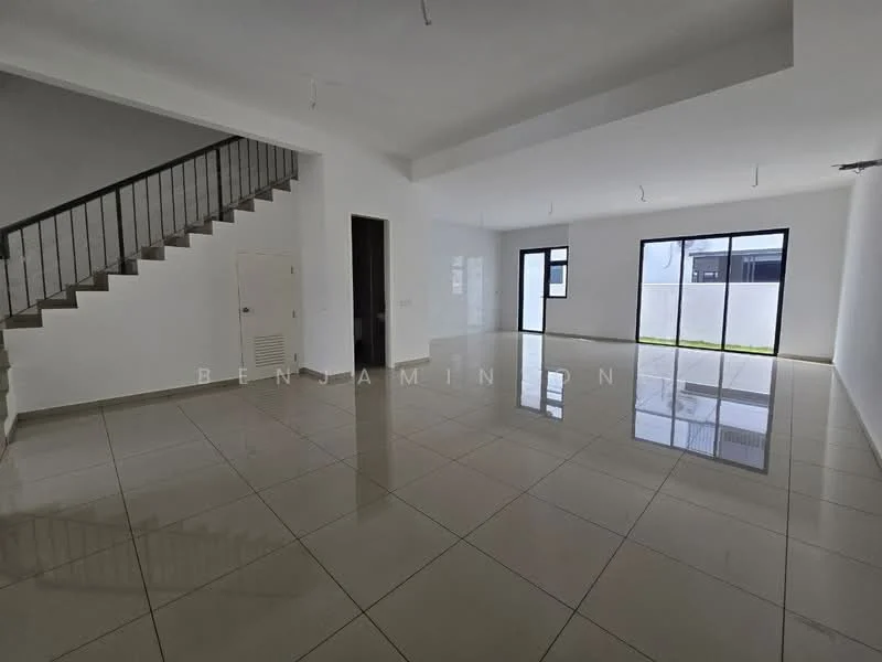 Living features: white painted walls, glossy ceramic tile flooring, large floor-to-ceiling windows, sliding glass door, open layout, high ceiling, recessed downlights, staircase with metal railing, neutral color scheme; style: modern; view: garden.