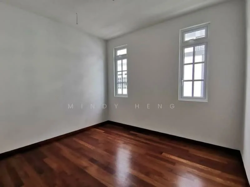 Room features: white painted walls, wooden flooring, two casement windows, no visible ceiling features, no visible lighting fixtures, empty space.