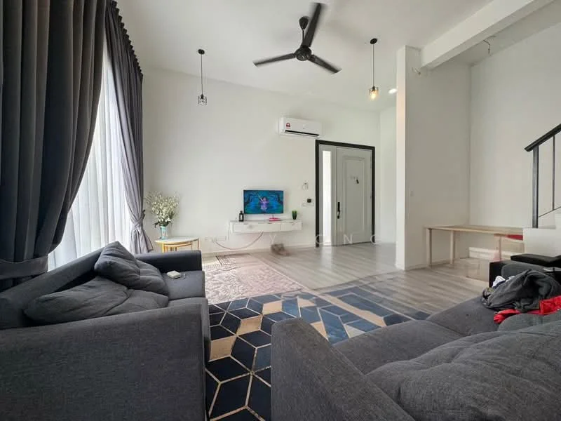 Living features: grey fabric 3-seater sofa, grey fabric 2-seater sofa, area rug with geometric pattern, wall-mounted TV, white painted walls, light wood flooring, 5-blade ceiling fan with light, floor-to-ceiling windows with sheer curtains, air conditioning unit, decorative plant in ceramic pot, black coffee table, open shelving unit; style: modern.