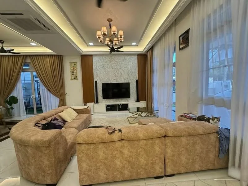 Living features: L-shape sectional sofa in beige, coffee table, wall-mounted TV, entertainment unit with storage, decorative wall panel with marble finish, recessed downlights, ceiling fan, curtains, tile flooring, decorative artwork on wall, area rug; style: modern.