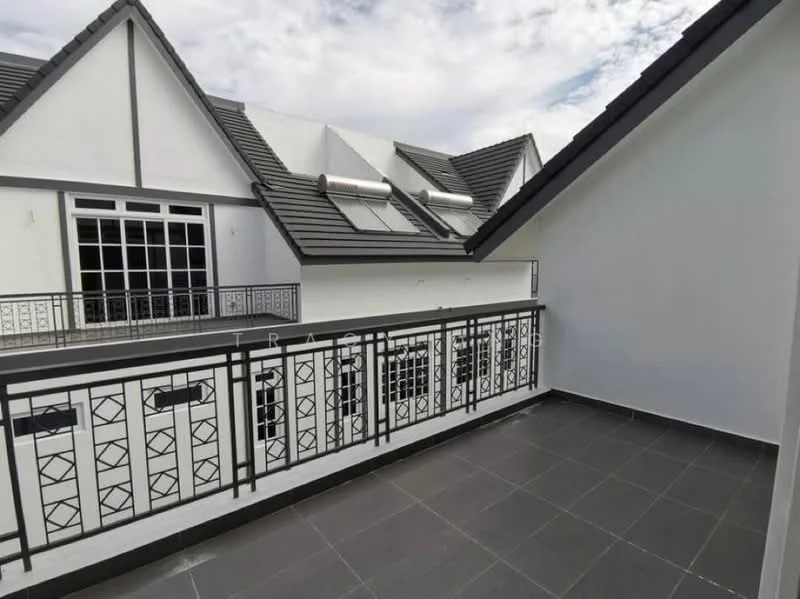 Room features: grey tiled flooring, white painted walls, black metal railing, sloped roof, multiple skylights, outdoor space, no visible furniture, open layout; style: modern; view: sky.
