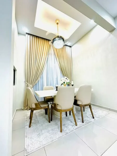 Dining features: white dining table, 4 upholstered dining chairs in cream, chandelier light fixture, cream curtains, floor-to-ceiling windows, light grey area rug, white painted walls, tray ceiling with recessed lighting; style: modern.