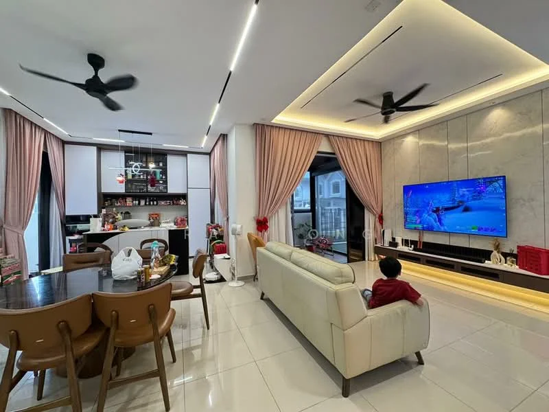 Living features: 3-seater leather sofa in cream, wall-mounted TV, recessed LED downlights, 5-blade ceiling fan, marble flooring, decorative wall panel, floor-to-ceiling windows with sheer curtains, area rug with geometric pattern; style: modern. Dining features: 6-seater dining table, upholstered dining chairs, decorative centerpiece, open shelving with glassware, wall-mounted cabinets, pendant lighting; style: modern.