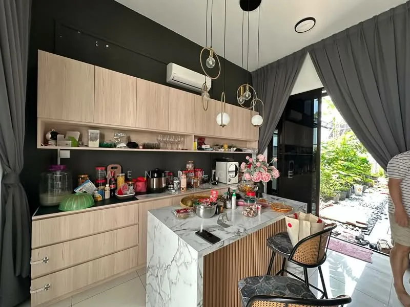 Kitchen features: wood cabinetry in light finish, marble countertop, stainless-steel sink, chrome pull-down faucet, built-in oven, microwave, refrigerator, kettle, toaster, decorative bowls, bar stools, wall-mounted split AC, grey curtains, white tile flooring; style: modern; view: garden.