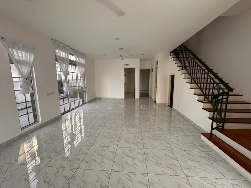 Living features: marble tile flooring, white painted walls, ceiling fan, large windows with sheer curtains, staircase with wooden steps and black railing, open layout, natural light, neutral color scheme; style: modern.