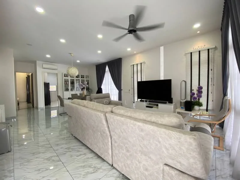 Living features: 3-seater fabric sofa in light grey, ceiling fan with integrated light, wall-mounted TV, TV console, marble tile flooring, white painted walls, floor-to-ceiling windows with sheer curtains, decorative wall art, area rug with geometric pattern, recessed LED downlights; style: modern. Dining features: dining table for 4, upholstered dining chairs, pendant lamp, open shelving, white painted walls; style: modern. Kitchen features: open-plan layout, white cabinetry, stainless-steel appliances, marble countertop, backlit shelving; style: modern.