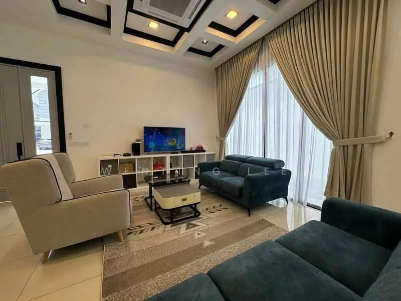 Living features: grey fabric 3-seater sofa, teal fabric 2-seater sofa, coffee table with white top and wooden legs, area rug with geometric pattern, TV console with storage, wall-mounted TV, floor-to-ceiling windows with sheer curtains, recessed downlights, tray ceiling with decorative moulding, air conditioning unit, decorative wall art; style: modern.