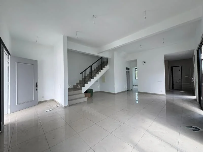 Living features: white painted walls, tile flooring, staircase with metal railing, large windows, sliding glass door, recessed ceiling lights, open layout, neutral color palette; style: modern; view: garden.