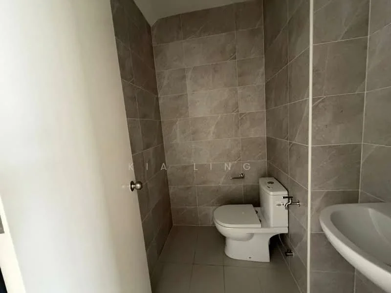 Bathroom features: grey tile walls, white ceramic toilet, white sink, chrome faucet, tile flooring, wall-mounted mirror, shower area, light fixture; style: modern.