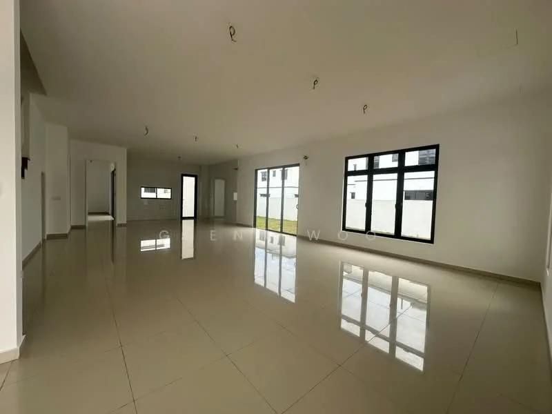 Room features: white painted walls, glossy ceramic tile flooring, multiple large windows, natural light from windows, recessed ceiling lights, open layout, neutral color scheme, high ceiling; style: modern; view: garden.