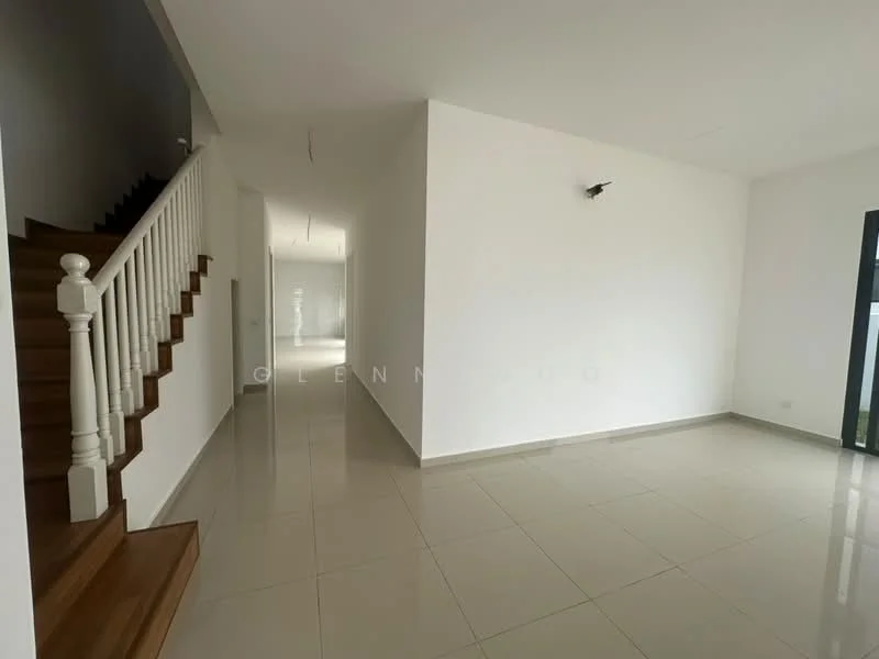 Room features: white painted walls, polished ceramic tile flooring, staircase with wooden steps and white railing, recessed ceiling lights, large windows for natural light, open layout, no visible furniture, neutral color scheme; style: modern.