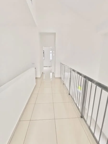 Hallway features: white painted walls, glossy tile flooring, metal railing, bright lighting, open layout, high ceiling, natural light from windows, neutral color scheme; style: modern.
