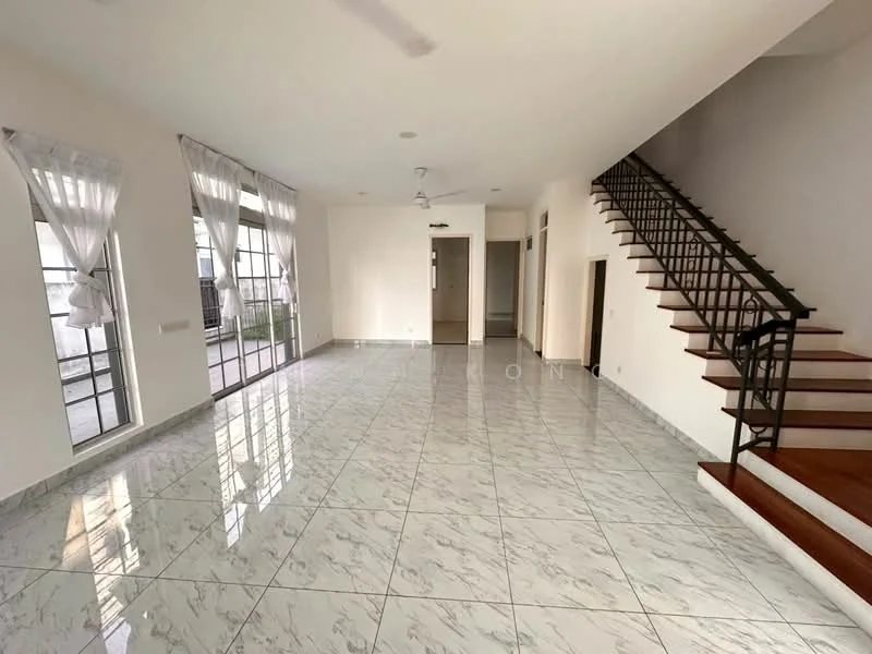 Living features: marble tile flooring, white painted walls, floor-to-ceiling windows, sheer curtains, ceiling fan, staircase with wooden steps and metal railing, open layout, natural light, high ceiling; style: modern.
