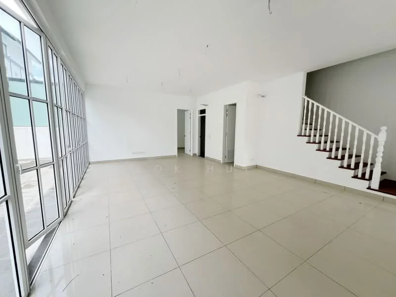 Room features: large floor-to-ceiling windows, white painted walls, light-colored tile flooring, staircase with white railing, open layout, multiple doorways, neutral color scheme, unfurnished space; style: modern.