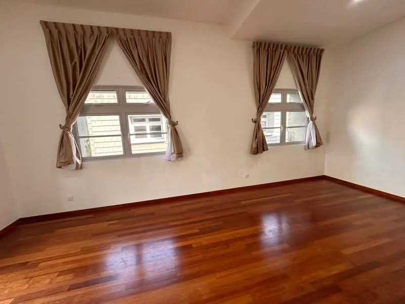 Room features: wooden flooring, white painted walls, two windows with sheer curtains, brown curtain drapes, corner room with natural light; style: modern.