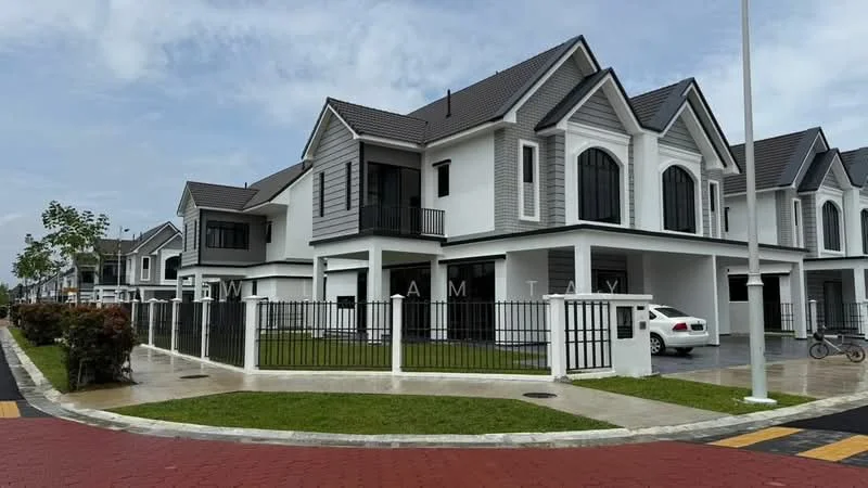 Exterior type: linked terrace house; features: white painted facade, grey accent walls, pitched tile roof, double-storey, manicured lawn, fenced yard, driveway with interlocking pavers, balconies on upper floors, large windows, front porch, landscaped garden, parking space for vehicles; style: modern.