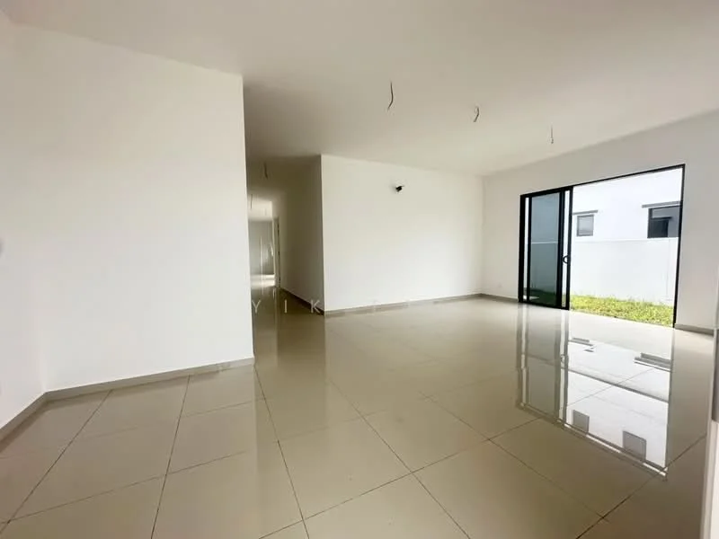 Room features: white painted walls, glossy ceramic tile flooring, floor-to-ceiling windows, sliding glass door, natural light from windows, minimalist design, no visible furniture, open layout; style: modern; view: garden.
