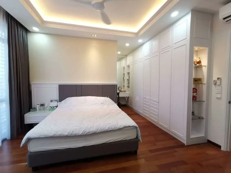 Bedroom features: king-size bed with grey upholstered headboard, white bedding, built-in wardrobe with white cabinetry, wooden flooring, recessed ceiling with LED lighting, ceiling fan, large window with sheer curtains, decorative shelving unit, study desk area, wall-mounted air conditioning unit; style: modern.