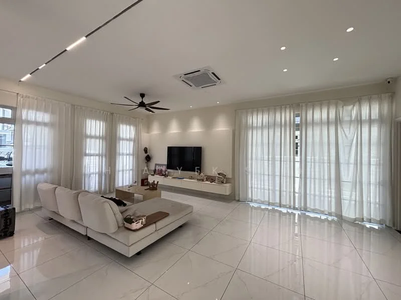 Living features: white painted walls, glossy marble tile flooring, 5-blade ceiling fan with light, recessed LED downlights, floor-to-ceiling windows, sheer curtains, wall-mounted TV, floating TV console, decorative items on console, open layout, neutral color palette, natural light from windows; style: modern.