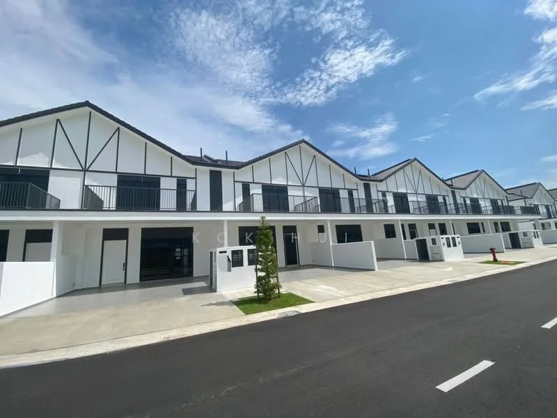 Exterior type: linked terrace house; features: white painted facade, black trim on windows and balconies, flat roof, two-storey structure, manicured lawn, paved walkway, multiple balconies, air conditioning units visible, driveway with interlocking pavers, modern architectural design; style: modern.