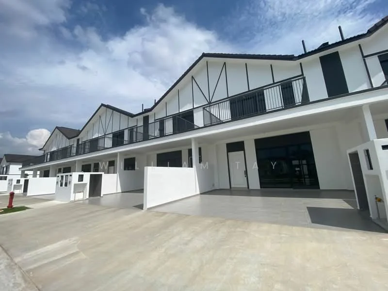 Exterior type: linked terrace house; features: white painted facade, black window shutters, gabled roof, balconies with black railings, concrete driveway, manicured lawn, paved walkway, two-storey structure, modern architectural design; style: modern.
