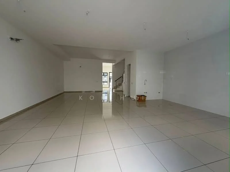 Room features: white painted walls, glossy ceramic tile flooring, recessed downlights, multiple ceiling hooks, open layout, large windows, neutral color scheme, no visible furniture; style: modern.