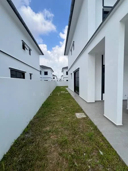 Exterior type: detached bungalow; features: white painted facade, flat roof, two-storey structure, manicured lawn, paved walkway, large windows, surrounded by other houses, open space between buildings; style: modern.
