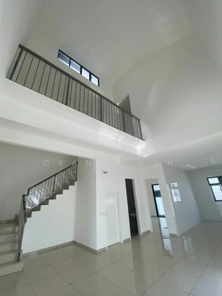 Room features: white painted walls, high ceiling, large windows, stainless-steel railing, tile flooring, open space layout, staircase, natural light, minimalist design; style: modern.
