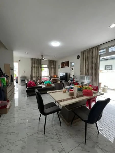 Living features: marble tile flooring, white painted walls, tray ceiling with recessed lighting, 5-blade ceiling fan with light, large windows with sheer curtains, sofa in dark grey, coffee table with marble top, TV console, wall-mounted TV, decorative wall clock, dining table with marble top, black dining chairs, open shelving unit, houseplants in ceramic pots; style: modern; view: garden.