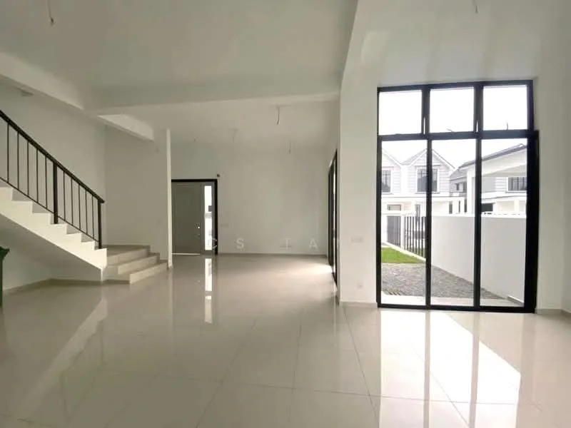 Living features: white painted walls, polished ceramic tile flooring, large floor-to-ceiling windows, double-volume ceiling, staircase with metal railing, open layout, natural light, neutral color scheme; style: modern; view: garden. Room features: white painted walls, polished ceramic tile flooring, large floor-to-ceiling windows, double-volume ceiling, staircase with metal railing, open layout, natural light, neutral color scheme.
