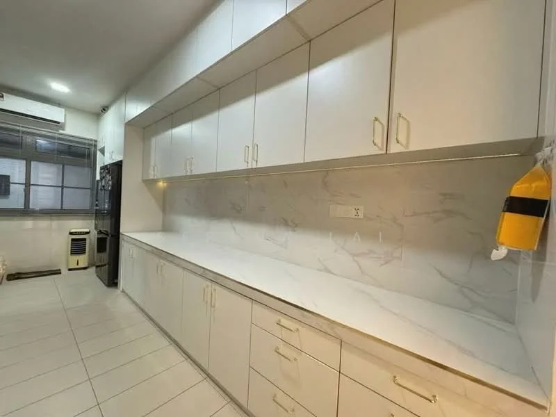 Kitchen features: white cabinetry with gold handles, marble countertop, white tiled backsplash, built-in oven, stainless-steel fridge, single-bowl stainless-steel sink, chrome pull-down faucet, under-cabinet lighting, tile flooring, window with blinds, air conditioning unit; style: modern.