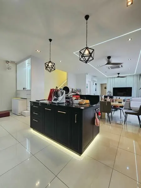 Kitchen features: black cabinetry with gold handles, island kitchen with seating, white quartz countertop, pendant lighting with geometric design, stainless-steel sink, chrome pull-down faucet, built-in appliances, ceramic tile flooring, recessed LED downlights, open layout to living area, wall-mounted TV, sofa seating area, dining table with chairs; style: modern.
