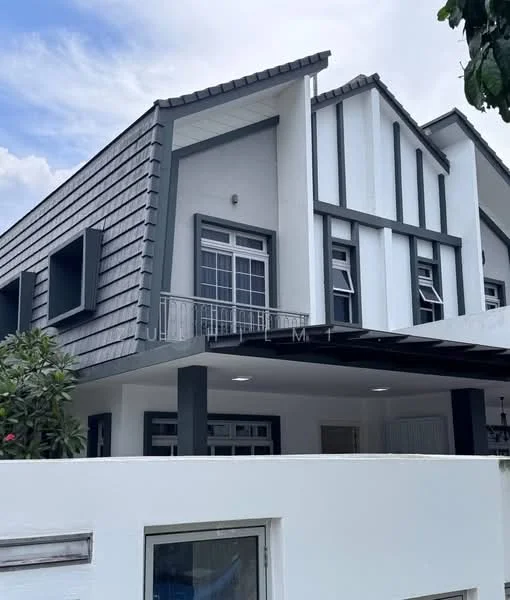 Exterior type: semi-detached house; features: white painted facade, grey timber cladding, pitched roof, recessed balconies, multiple windows, overhang roof, manicured landscaping, front porch, balcony with railing; style: modern.