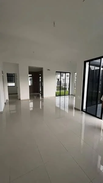 Room features: white painted walls, polished ceramic tile flooring, large floor-to-ceiling windows, sliding glass door, high ceiling, recessed downlights, open layout, natural light, view of outdoor space; style: modern; view: garden.