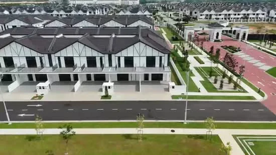 Exterior type: linked terrace house; features: white painted facade, pitched tile roof, manicured lawn, paved driveway, surrounded by greenery, multiple car porches, landscape garden, wide road access, adjacent to open space; style: modern.