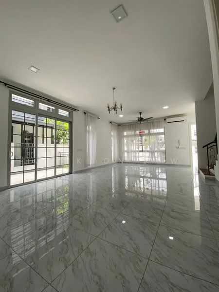 Living features: marble tile flooring, white painted walls, recessed downlights, chandelier, floor-to-ceiling windows, sliding glass door, sheer curtains, open layout, air conditioning unit, staircase visible, natural light, high ceiling; style: modern; view: garden.