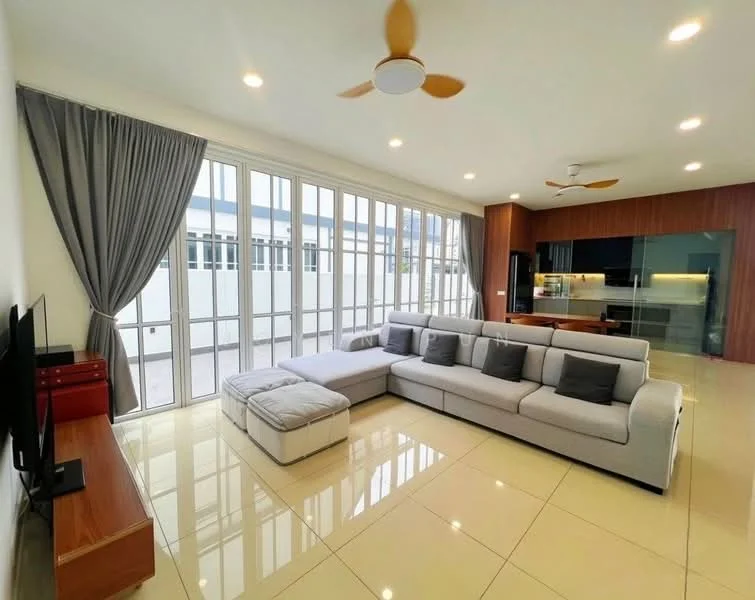 Living features: L-shape sectional sofa in light grey, 5-blade ceiling fan with light, wall-mounted TV, TV console in wood, large floor-to-ceiling windows, grey curtains, polished ceramic tile flooring, recessed downlights, decorative wall paneling, open layout to kitchen and dining area; style: modern; view: courtyard.