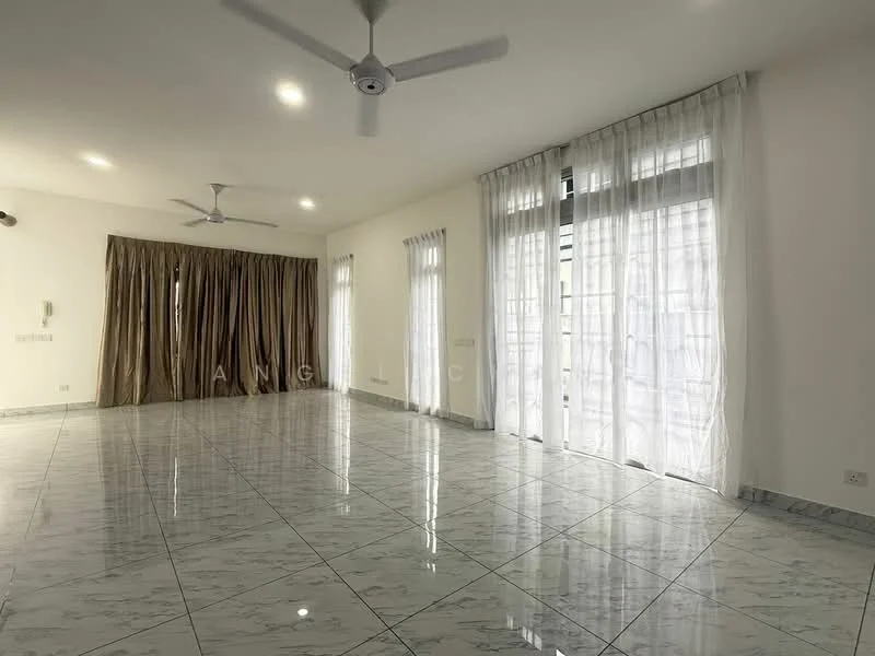 Living features: white painted walls, marble tile flooring, recessed downlights, 2 ceiling fans, floor-to-ceiling windows, sheer curtains, curtains in beige, sliding glass door; style: modern.