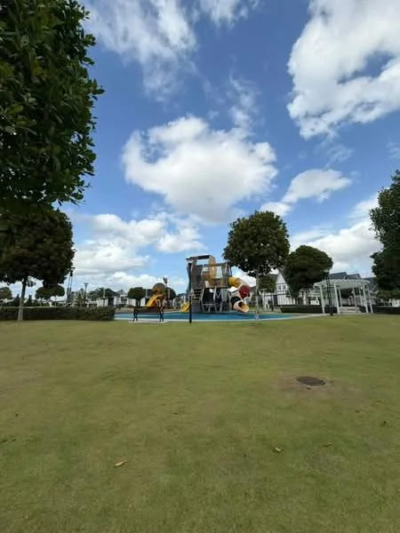 Exterior type: landscape garden; features: children's playground, play structures with slides and climbing areas, manicured lawn, mature trees, open green space, cloudy sky; style: modern.