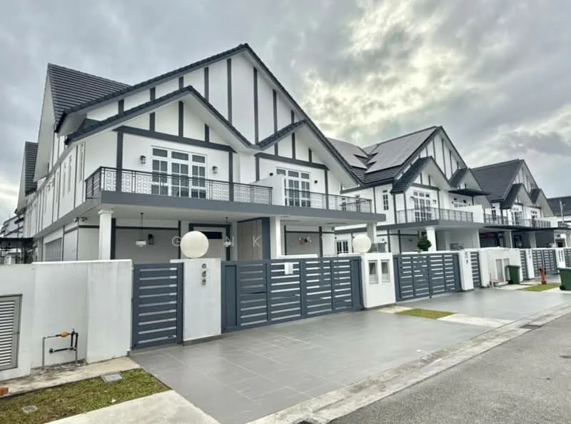 Exterior type: linked terrace house; features: white painted facade, black and white timber cladding, pitched tile roof, double-storey, manicured lawn, paved driveway, decorative wall lights, balconies with railings, front gate with intercom, landscaped garden, modern architectural design; style: modern.