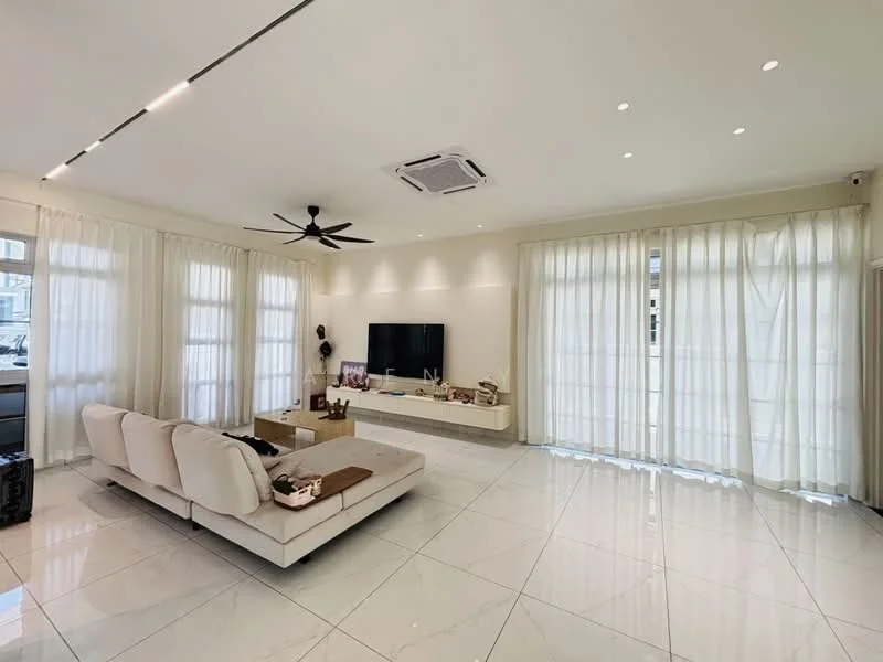 Living features: white painted walls, glossy marble tile flooring, 5-blade ceiling fan with light, recessed LED downlights, wall-mounted TV, floating TV console, large windows with sheer curtains, decorative items on console; style: modern.