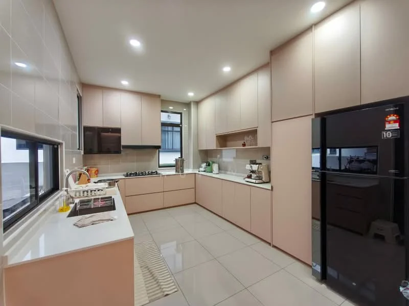 Kitchen features: light pink cabinetry, white countertop, stainless-steel sink, chrome pull-down faucet, built-in gas hob, built-in oven, black refrigerator, white tiled backsplash, recessed LED downlights, large window for natural light, grey floor tiles, kitchen island with seating, open shelving, decorative kitchen accessories; style: modern.