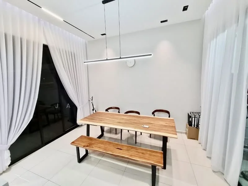 Dining features: wood dining table with bench seating, 4 wooden dining chairs, white walls, large sliding glass door, floor-to-ceiling curtains, recessed ceiling lights, pendant light fixture, clock on wall, tile flooring; style: modern.