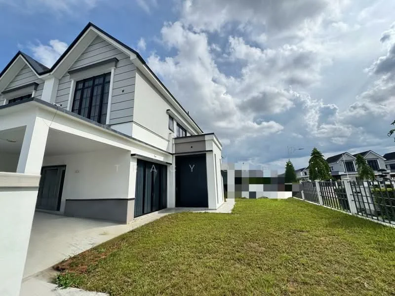 Exterior type: semi-detached house; features: white painted facade, grey accent wall, flat roof, manicured lawn, concrete driveway, single car garage, surrounded by greenery, fenced perimeter, two-storey structure; style: modern.