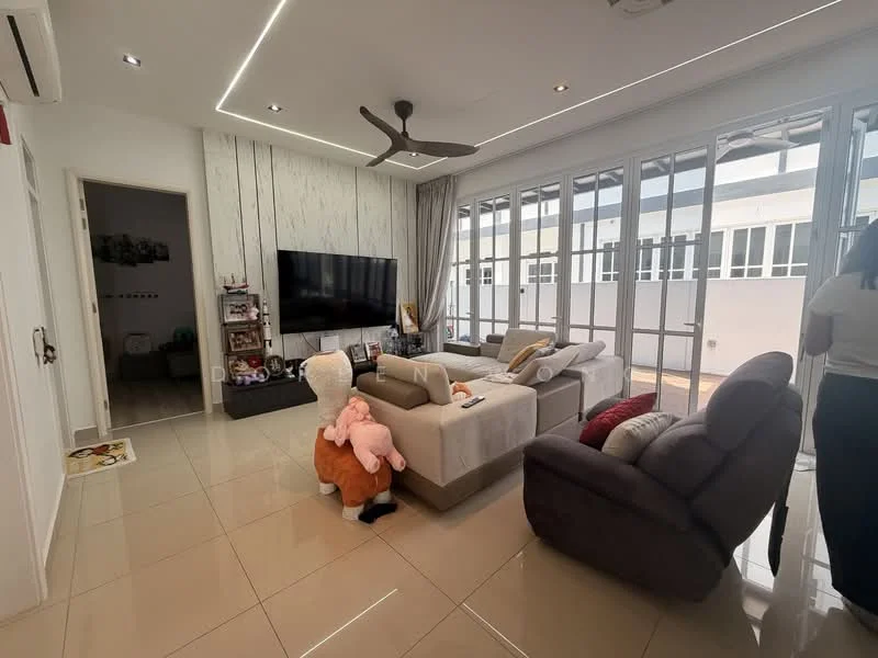 Living features: 3-seater fabric sofa in light grey, 2-seater recliner sofa in dark grey, flat-screen TV mounted on wall, wall-mounted split AC, recessed downlights, large glass sliding doors, cream painted walls, glossy tile flooring, decorative wall paneling, area rug with geometric pattern, coffee table, houseplants in ceramic pots; style: modern.