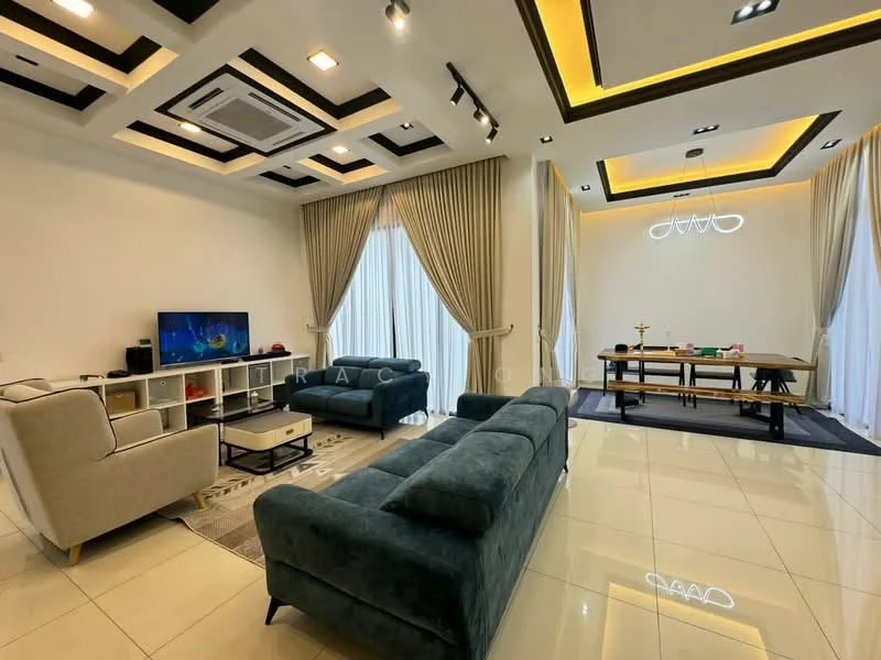 Living features: cream painted walls, tray ceiling with recessed lighting, 5-blade ceiling fan with integrated LED light, floor-to-ceiling windows with sheer curtains, green velvet 3-seater sofa, green velvet 2-seater sofa, coffee table with black top, TV console with storage, wall-mounted TV, area rug with geometric pattern, dining table with 6 chairs, decorative chandelier; style: modern.