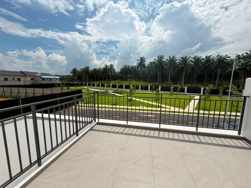 Room features: balcony with railing, grey tiled flooring, view of landscaped garden, view of palm trees, cloudy sky, outdoor space; view: garden.
