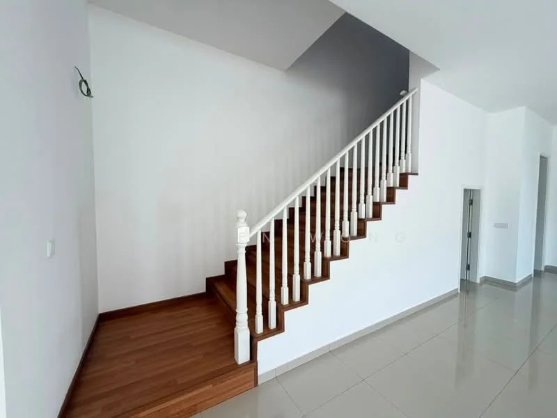 Room features: wooden staircase with white balustrade, light grey accent wall, white painted walls, glossy ceramic tile flooring, laminate flooring at staircase, recessed lighting, doorway to adjacent room, open space layout; style: modern.